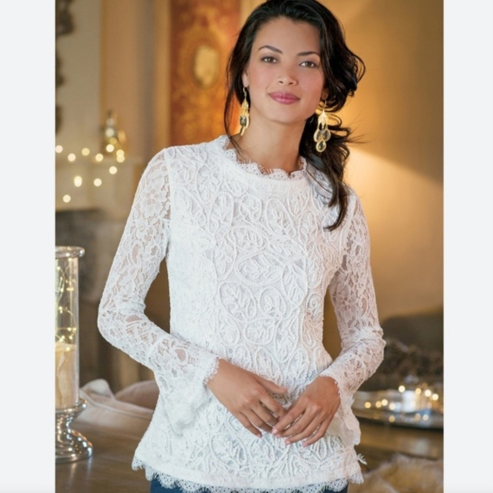 NWT Soft Surroundings White/ Ivory Lilith Lace Bell Sleeve Lined Blouse Size M